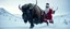 Placeholder: creature with eyes of hound bison reindeer yoga man with the snow flake pattern in the pupils in running in the snow in the snowy mountain with santa