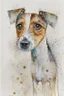 Placeholder: Abstract wet watercolour of the head of a long coated coated jack Russell, ink lines, interlinked circles, detailed,focus on eyes, watercolour paper