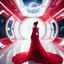 Placeholder: In the pulsating space station, ana lien in a red frilly dress glides through a shining white corridor, with windows revealing the vast expanse of outer space. The outfit's fabric flutters around her like a crimson nebula, drawing the eyes of passersby. She exudes an ethereal beauty, a celestial being navigating the cosmic chaos with elegance and allure.