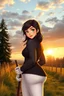 Placeholder: In a realistic, non-anime, cartoon style like Rubine by Walthery: Bust shot of 35-year old, bit chubby Scandinavian dark-haired mansion owner lady with green eyes, wearing equestrian attire with tight white pants and black or blue jacket and a riding crop, posing standing in Bavarian countryside in sunrise.
