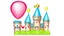 Placeholder: Illustration of a balloon castle, this castle is the party decoration factory. detailed illustration. Children book style.