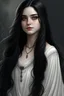 Placeholder: a 16 year old woman, white skin, long wawy black hair, beautiful face, black eyes, in a white dress, realistic epic fantasy style