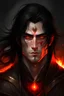 Placeholder: A striking fantasy Lord Of The Rings like man with black hair, exuding an air of fierceness. His fiery red eyes hint at mystery and intelligence.