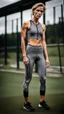 Placeholder: photography of a beautiful anorexic woman, grey satin triathlon top, sports illustrated, blond short wavy bob haircut, pronounced sternum, flat chest, anthracite cycling leggins