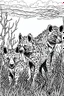 Placeholder: Outline art, hyenas standing in the bush, full body, cartoon style, black and white, low detail, no shading, --ar 9:11