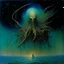 Placeholder: Music lyrics to image: " ancient Cthulhu Not dead but dreaming ...disgorged into a sea of stars!" (metal album cover artwork by Zdzislaw Beksinski, Michael Whelan, Brian Froud:1.6). ((Themes: lovecraftian horror, eldritch gods, existential dread)), masterpiece, intricate detailed, 8k resolution, absurd res, hyperdetailed