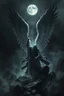 Placeholder: surreal dreamlike scene, stunning warrior fallen angel with sword, mystic gloomy, dark shadows and vertical pale light, stones, rocks, dark vibe, come strom , dark colors, , moon with black darkness, fog, detailed, spalh art, black and white art