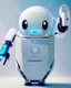Placeholder: cute minimalistic robot with a big head, egg body, no fingers, digital similing face with pixeled eyes, super happy, white skin, small and plain simple, no buttons, 3/4 angled pose, awesome pose, background white background, oil painting