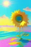 Placeholder: Morning, sunshine, light blue color, clear sky, bright sea, sunflower, pink, yellow, orange, green, rain