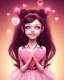 Placeholder: girl, happy, smiling, surrounded by hearts, black hair, long hair, brown eyes, portrait, pink dress