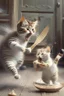 Placeholder: mother cat chasing baby cat with wooden spoon eating cake