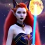 Placeholder: Attractive teenage girl with fire red hair, who is dressed like a witch casting a spell with a quarterstaff on the moon, she has cat ears and open dazzling blue eyes, has a normal nose, background is realistic space, the girl is on a planet, black goth girl dress, full body portrait, arm colors gradient effect into stars, rendered, unity 3d, unreal engine, dslr, hdr, 4k, edited, photorealistic, normal number of appendages, freckles, artists rendered