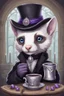 Placeholder: (anthropomorphic white ferret),dressed in ((cleric fantasy)) black and purple clothes with silver holy ornaments, realistic anatomy, fantasy tavern on background, mage and holy symbols around, serious face, hold cup of coffe, tired face, in the style of LOISH, look at the vivewer, blue eyes, cute face