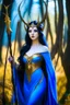 Placeholder: A picture of a beautiful blue faced Korean goddess with skin painted blue, blue body, blue torso, wild black hair, stag antlers, elven ears, golden skirt, holding a staff in a sunny forrest