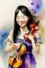 Placeholder: A cute smiling asian girl is holding a violin. Watercolour