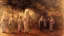 Placeholder: A group of ghostly figures in long white robes walking through a dark, hazy forest landscape