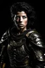 Placeholder: A portrait of a Warrior woman, black hair, beautiful, heavy armor, Caravaggio style