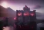 Placeholder: old castle, foggy, lava, drawbridge. surrounded by cliffs, purple