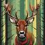 Placeholder: Deer with red-brown fur and green and white stripes with a black fuzzy neck ruff and yellow face stripes on face with stagbeetle-pinsers for antlers, background forest, in pop art style