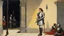 Placeholder: [art by Norman Rockwell] at nightfall: lonely youthful Joan of arc in her armour in the courtyard of the Royal Court in Chinon for an audience with Charles, the King of France at the age of 17. the guards open the gates of the city