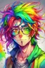 Placeholder: Anime man with glasses, messy rainbow hair,