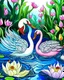 Placeholder: Stylized couple of two swans among lotus flowers (water lilies) and pond plants, colorful page, cooler background, perfect composition, beautiful detailed intricate insanely detailed octane render trending on artstation, photorealistic, soft natural volumetric cinematic perfect light, chiaroscuro, masterpiece, oil on canvas, raphael, caravaggio, greg rutkowski, beeple, beksinski, giger, black and white still, digital Art, perfect coloer