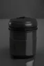 Placeholder: black container, plastic, realism, with screw lid, no labels, round container, kickforce view, dark studio setting