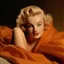 Placeholder: A photograph of marilyn monroe, childish face, eyes half closed, with bed hair, melancholy, no make up, in the style of milton greene, pale orange silk scarf around her shoulders,beige bacground
