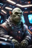 Placeholder: pen outline, really macho pimp orc seal captain that go hard sitting in space station cockpit , in front of space portal dimensional glittering device, bokeh like f/0.8, tilt-shift lens 8k, high detail, smooth render, down-light, unreal engine, prize winning