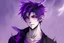 Placeholder: Young anime man with demon horns, fangs, messy purple hair and blue eyes