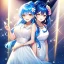 Placeholder: girl, masterpiece, best quality, cinematic lighting, detailed outfit, perfect eyes, blue hair, golden eyes, long hair, ponytail, laughing, spotlight, hair flower, white dress, sparkle, necklace, earrings,