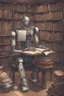 Placeholder: A huge library is serviced by computers, and there are many books on the shelves. The robot is sitting on a chair at the table and holding an antique book in his hands. Expression. High-quality drawing, 8K