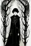 Placeholder: 7 year old boy, friendly, looks dead, with weird mushrooms growing out of him, wearing black robes, in the style of Harry Clarke