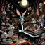 Placeholder: dark colours bugs bunny being a composer piano violin and is surrounded by swarm pig pig swinewasp swine pigpen pigsty on an diffrent planet cosmos lovecraft