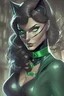 Placeholder: Dc marvel beautiful catwoman with green eyes and light long brown hair wearing a black suit stealing jewelleries with her cat comic anime 2d drawing style