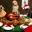 Placeholder: Dogs eating Christmas dinner with alien lion and floating ball, and exquisitely decorated turkey and HR giger alien