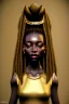 Placeholder: Little Simz, grown woman, dark brown dreadlocks, gold jewelry, gold eyeshadow