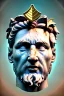 Placeholder: Ultra Realistic image, Roman sculpture, white marble material, Lionel Messi, gold Laurel leaves wreath, renaissance ornaments, one gold star in heart, sun ornament, blue marble background, chisel style, waist up portrait, emperor style, epic, celestial, cinematic lighting, God light, god rays, 4k resolution, smooth details, ornate details, soft lighting, unreal engine 5, art station, substance 3d.