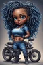 Placeholder: create an airbrush illustration of a chibi cartoon voluptuous black female wearing a blue jean outfit with biker boots. Prominent make up with hazel eyes. Extremely highly detail of a short and shiny twisted dreadlocks. Background of a bike show.