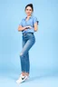 Placeholder: simple background a beautiful young lady wearing jean pants and blue blouse full body standing pose,sport shoes