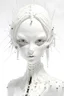 Placeholder: the piece show the sad facial expressions of a female humanoid, edward scissorhand, 3 fluid transparent tubes in the background, in the style of glass-like sculpture, jocelyn hobbie, glitter and crystals on the top of the head, delifate constructios, light white, creamy white background, exquisite detail