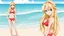 Placeholder: Attractive Anime Woman With Very Long Blonde Hair, Bikini, Full Body In Frame, Beach, Red Cheeks, Skinny, Looking At Camera, Smiling