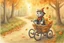 Placeholder: Cute little happy cat scarecrow riding a trike, forest path background, autumn, leaves swirling, waterfall, reflection, mist, sunrise, smooth intricate photorealistic hyperrealistic high definition beautiful lighting pencil sketch watercolor dramatic lighting storybook illustration polished Deep shadows deep color warm light