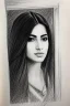 Placeholder: Pencil sketch of Young woman look through the window , Arab features,sad, long wavy hair, full body، on lined paper