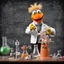 Placeholder: Muppets, Beaker performing crazy science experiments, science microscopes and amebics, background is a blackboard with complex formulas and double helixes and chemical compound diagrams, whimsical