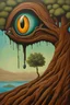 Placeholder: an eye in a tree near water, in the style of brian despain, dripping paint, expansive landscapes, highly detailed, surrealistic urban scenes, mars ravelo, mati klarwein