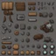 Placeholder: Sprite sheet, Wood, Nails, Metal scrap, cloth, electronics, gears, icons, survival game, gray background, comic book,