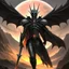 Placeholder: Sauron, the mighty lord of darkness, standing on a rock in the dark land of Mordor, a super-hero man of infinite power and technology of the galactic race, with a great army, a large moon disk behind him, and a fiery sword in his hand