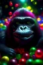 Placeholder: portrait of fluffy gorilla with a wicked smile inside a pile of transparent jelly bubbles of weird colours with insect aliens inside, disco egg made of small mirror, light rayz, feast table ,shot on Hasselblad h6d-400c, zeiss prime lens, bokeh like f/0.8, tilt-shift lens 8k, high detail, smooth render, down-light, unreal engine, prize winning