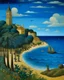 Placeholder: A blue town near a beach painted by Henri Rousseau